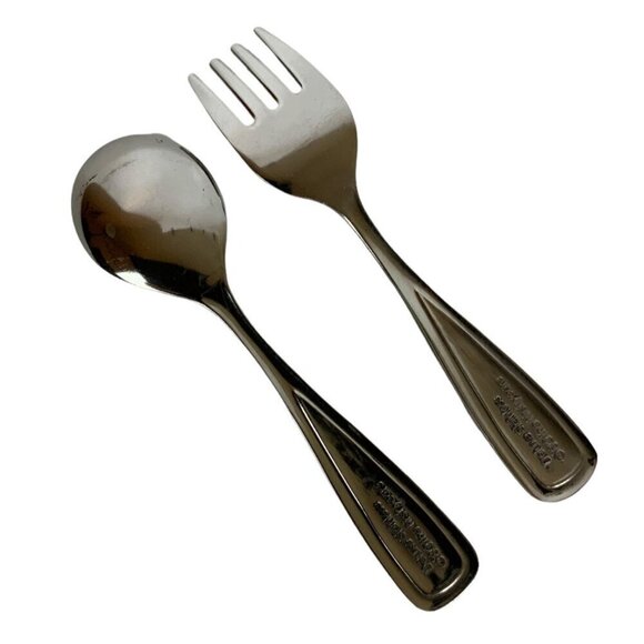 Vtg The First Years Deluxe Stainless Baby Spoon Fork Set Pearlized Handle Pink - Picture 3 of 4